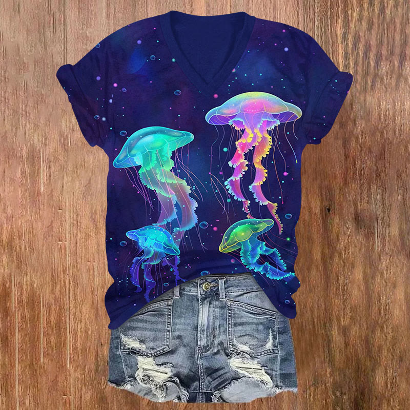 Fantasy Transparent Jellyfish Bubble Art Print V-neck T-shirt - Royal Blue - US32-34(5XL) - image 1