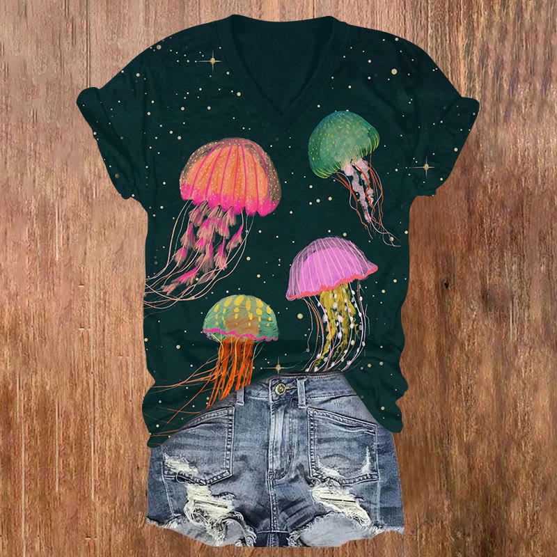 Starry Fantasy Colorful Jellyfish Art Print V-neck T-shirt - Dark Green - US32-34(5XL) - image 1