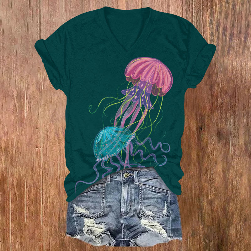 Creative Cartoon Dancing Jellyfish Print V-neck T-shirt - Green - US32-34(5XL) - image 1