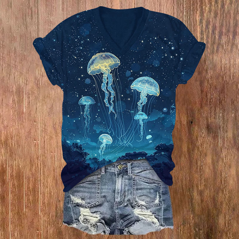Starry Night & Luminous Jellyfish Art Print V-neck T-shirt - Blue - US32-34(5XL) - image 1