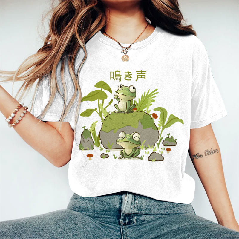 100% Cotton Women's  Japanese Frog On The Stone Art Print Casual T-shirt - White - 2XL - image 1