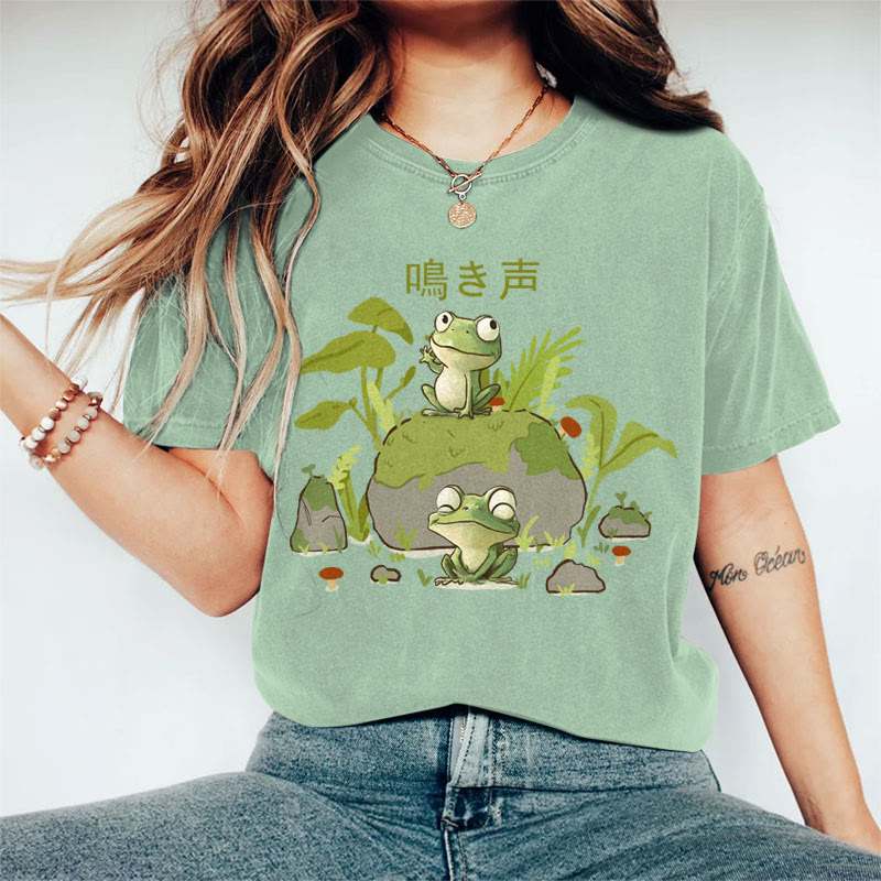 100% Cotton Women's  Japanese Frog On The Stone Art Print Casual T-shirt - Green - 2XL - image 2