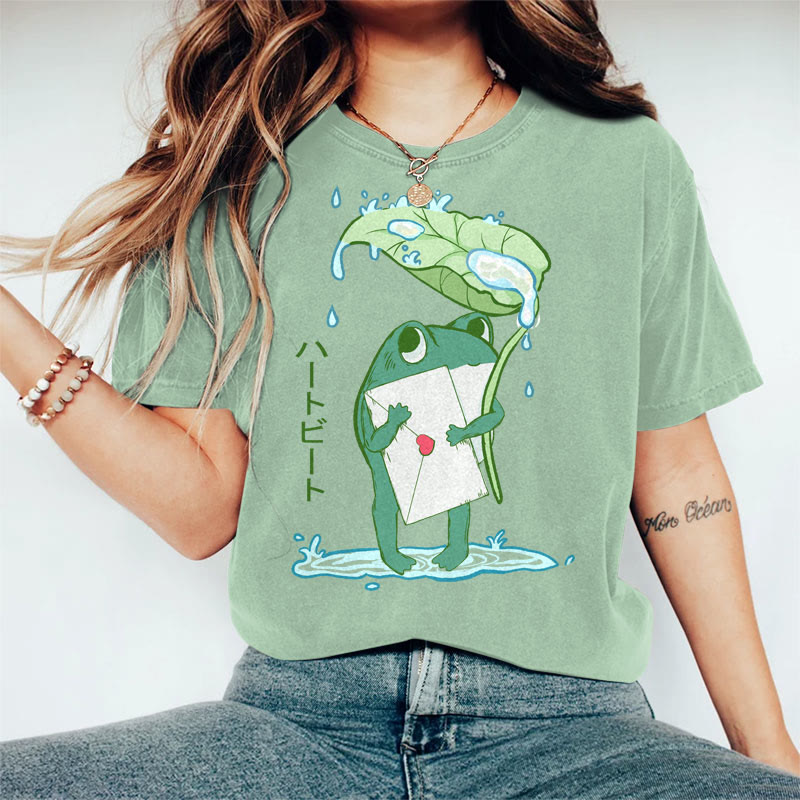 100% Cotton Women's Creative Japanese Frog Holding Letter Art Print Casual T-shirt - Green - 2XL - image 1