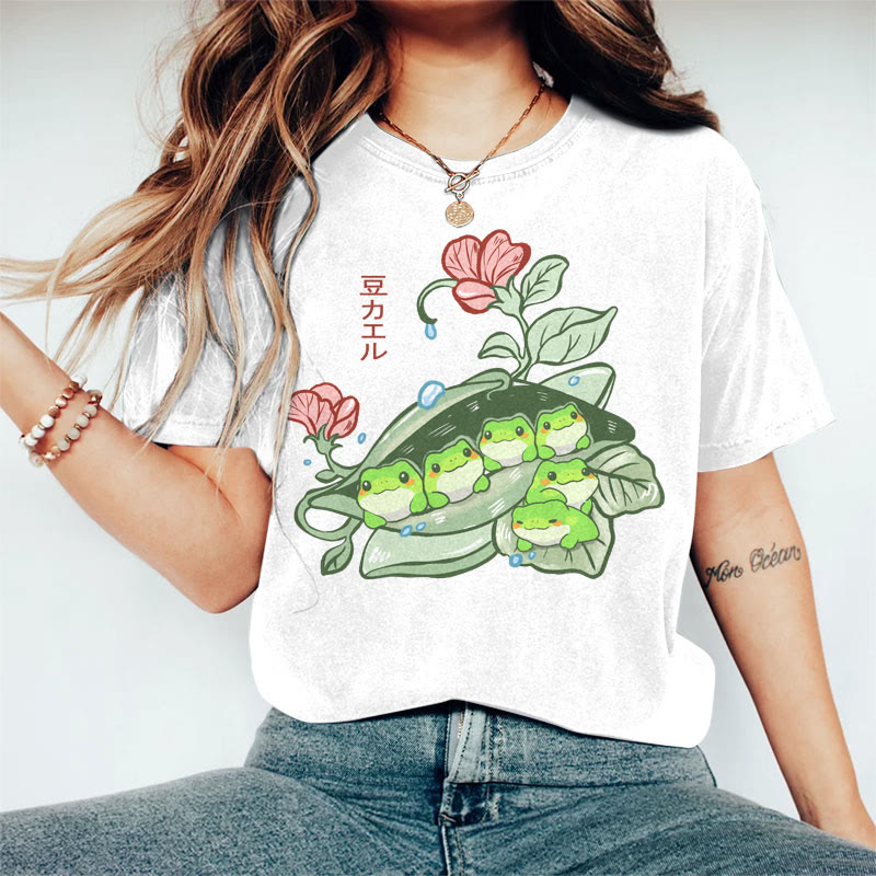 100% Cotton Women's Japanese Funny Frog Pods Art Print Casual T-shirt - White - 2XL - image 1
