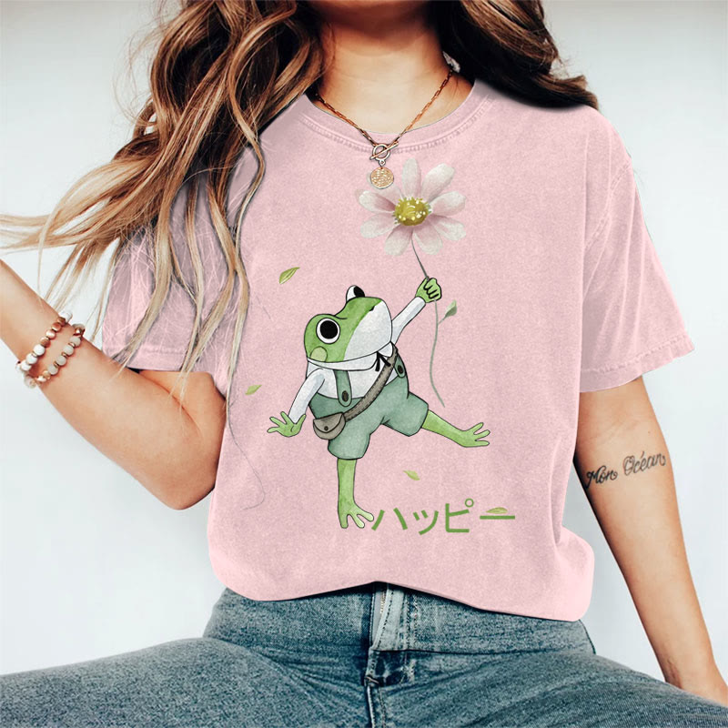 100% Cotton Women's Japanese Lovely Frog Holding Flower Art Print Casual T-shirt - Pink - 2XL - image 1