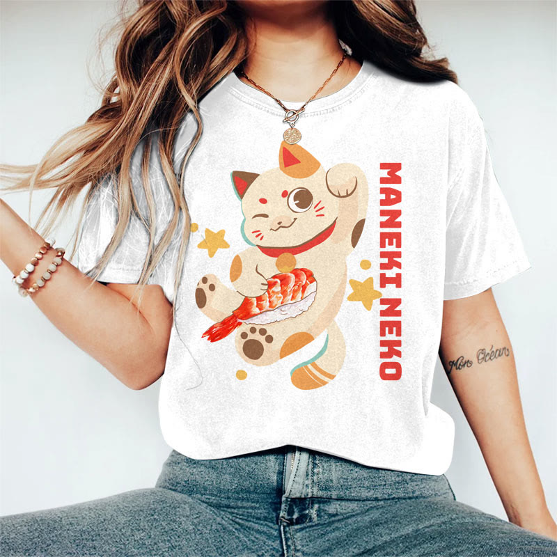 100% Cotton Women's Japanese Lucky Cat Holding Sushi Art Print Casual T-shirt - White - 2XL - image 1