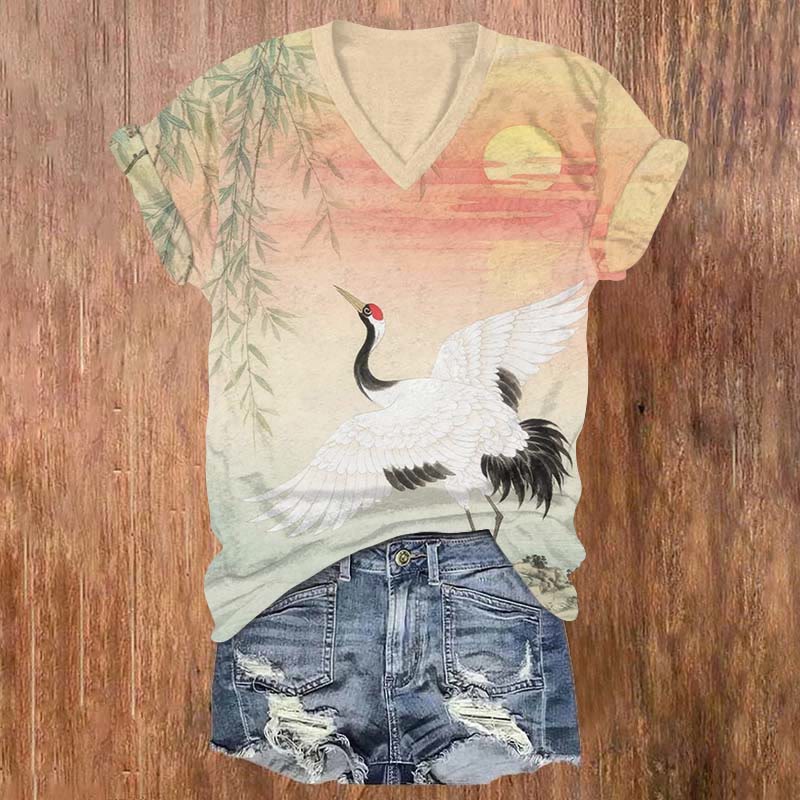 Japanese Sunrise & Elegant Crane Art Print V-neck T-shirt - Orange - US32-34(5XL) - image 1