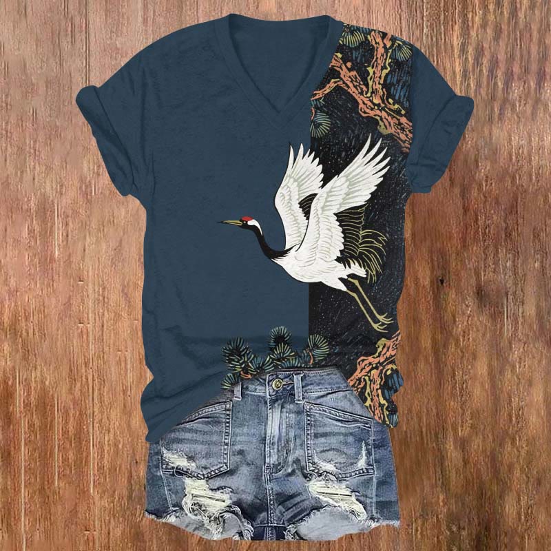 Japanese Flying Crane & Ancient Tree Print V-neck T-shirt - Blue - US32-34(5XL) - image 1