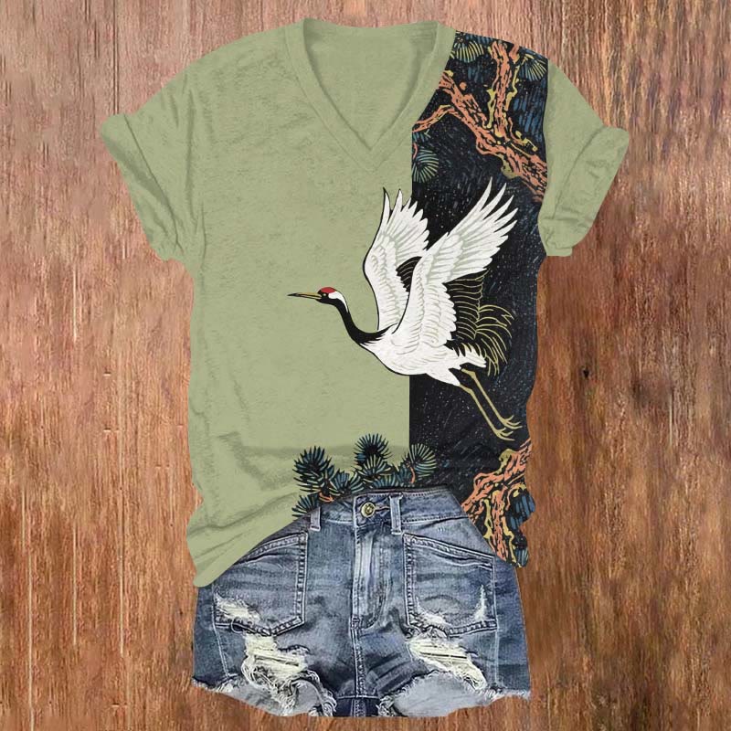 Japanese Flying Crane & Ancient Tree Print V-neck T-shirt - Green - US32-34(5XL) - image 2