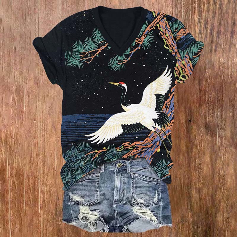 Vintage Starry Night & Crane Flying Across The Tree Print V-neck T-shirt - Black - US32-34(5XL) - image 1