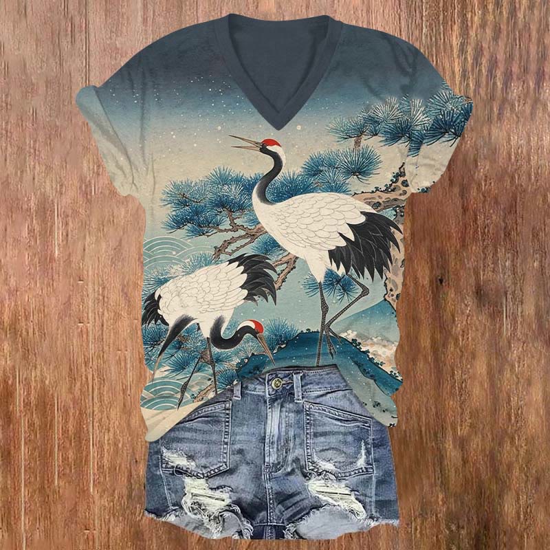 Vintage Cranes Resting Around Armand Pine Print V-neck T-shirt - Blue - US32-34(5XL) - image 1
