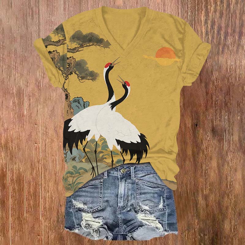 Vintage Sunset Romantic Couple Crane  Print V-neck T-shirt - Yellow - US32-34(5XL) - image 1
