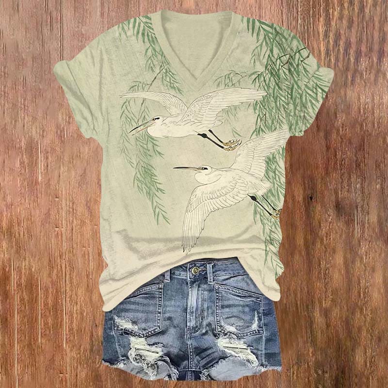 Vintage White Stork & Willow Print V-neck T-shirt - Green - US32-34(5XL) - image 3