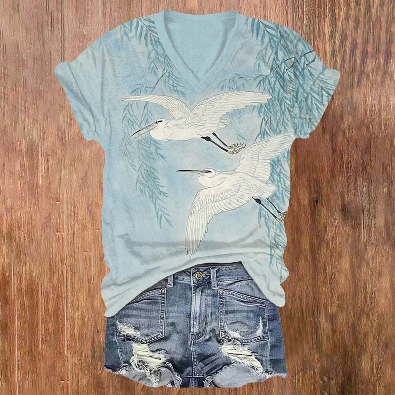 Vintage White Stork & Willow Print V-neck T-shirt - Blue - US32-34(5XL) - image 1