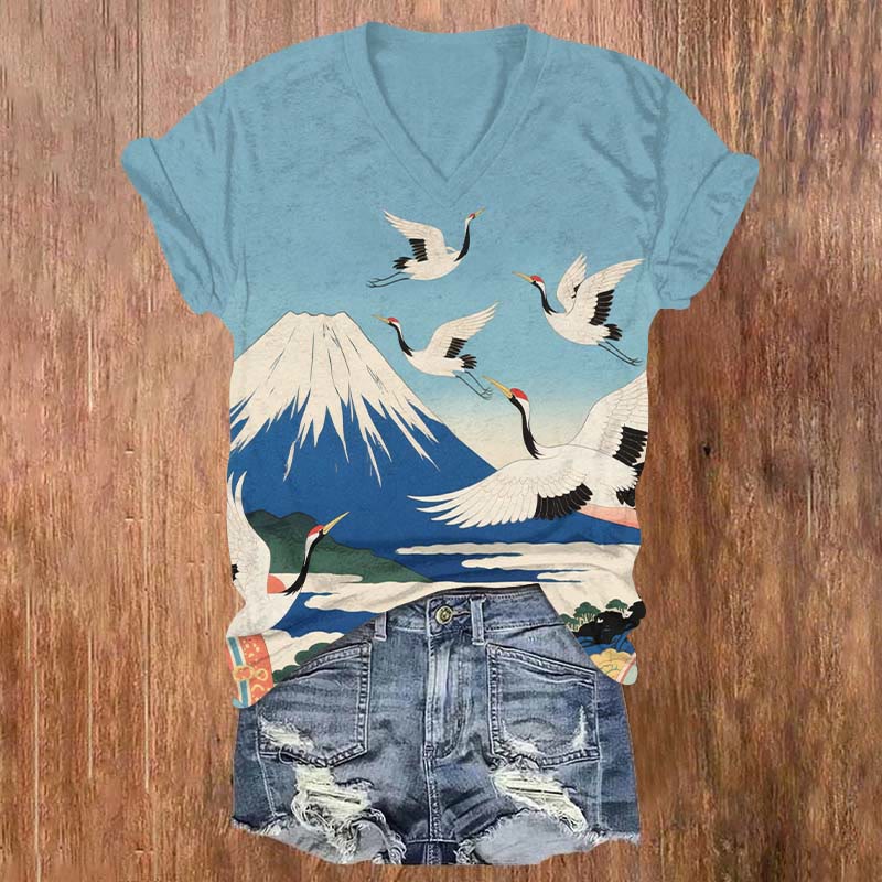 Japanese Mount Fuji & Flock Of White Cranes Print V-neck T-shirt - Blue - US32-34(5XL) - image 1