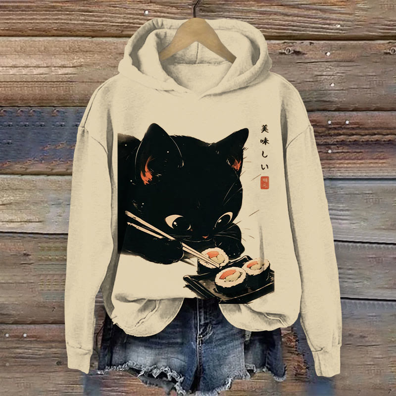 100% Cotton Japanese Art Eating Sushi Cat Print Hoodie - Apricot - US16-18(2XL) - image 1