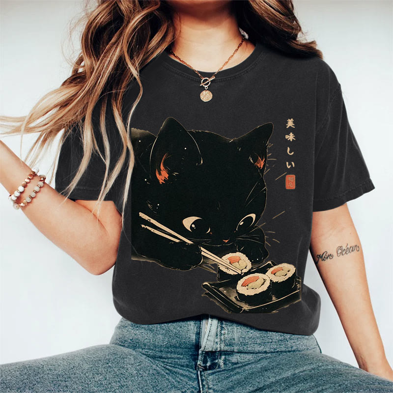 100% Cotton Japanese Black Cat Eating Sushi Art Print Casual T-shirt - Black - 2XL - image 2