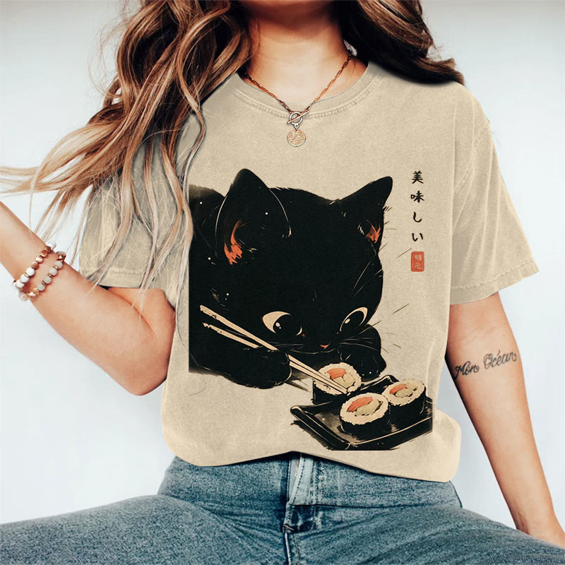 100% Cotton Japanese Black Cat Eating Sushi Art Print Casual T-shirt - Khaki - 2XL - image 1