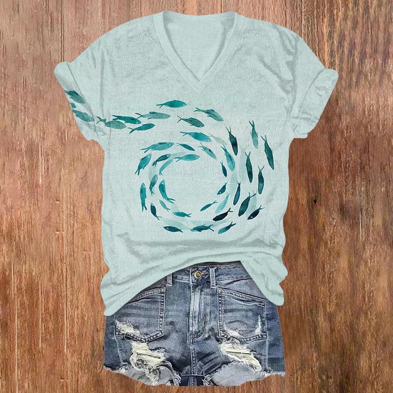 Creative Fish Circle Print V-neck T-shirt - Light Blue - US32-34(5XL) - image 1