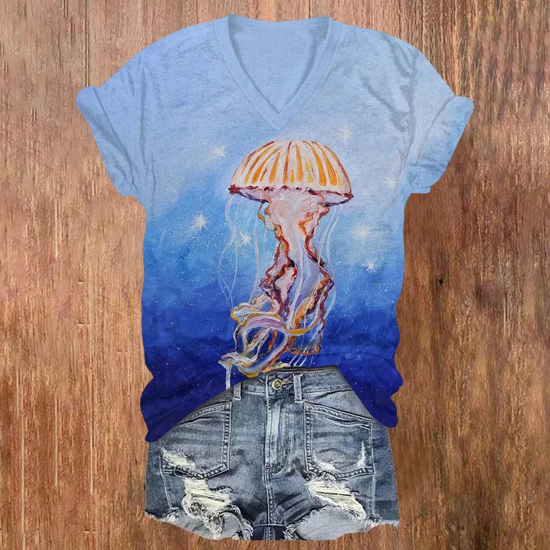 Ombre Luminous Jellyfish Art Print V-neck T-shirt - Blue - US32-34(5XL) - image 1