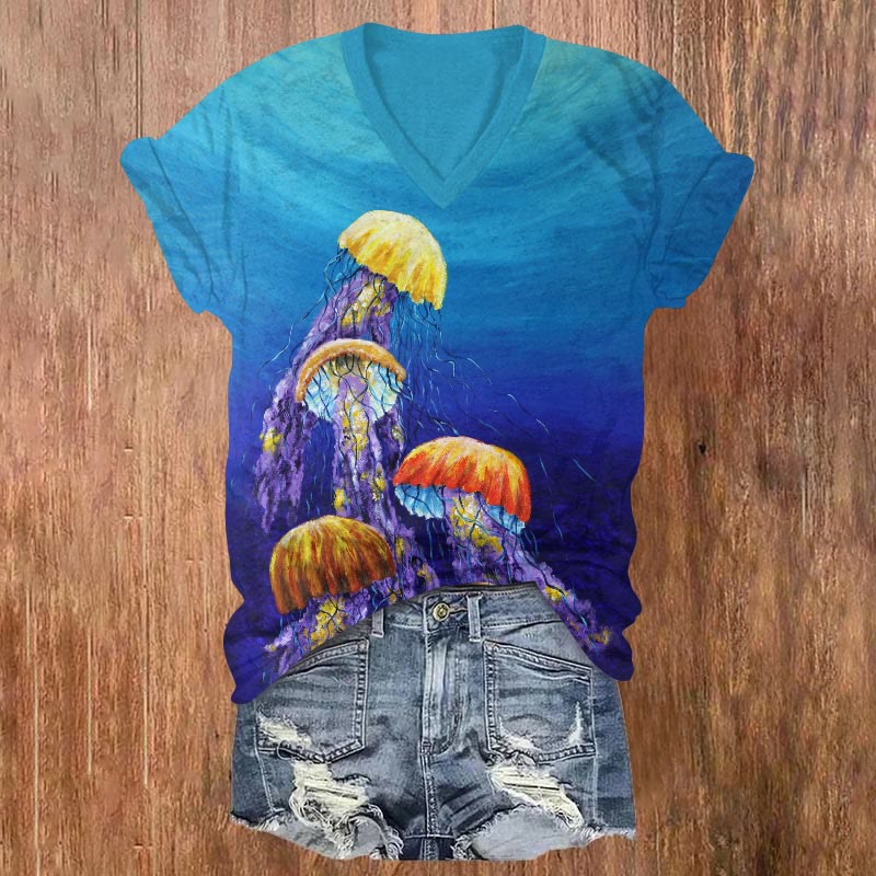 Fantasy Watercolor Jellyfish Art Print V-neck T-shirt - Blue - US32-34(5XL) - image 1