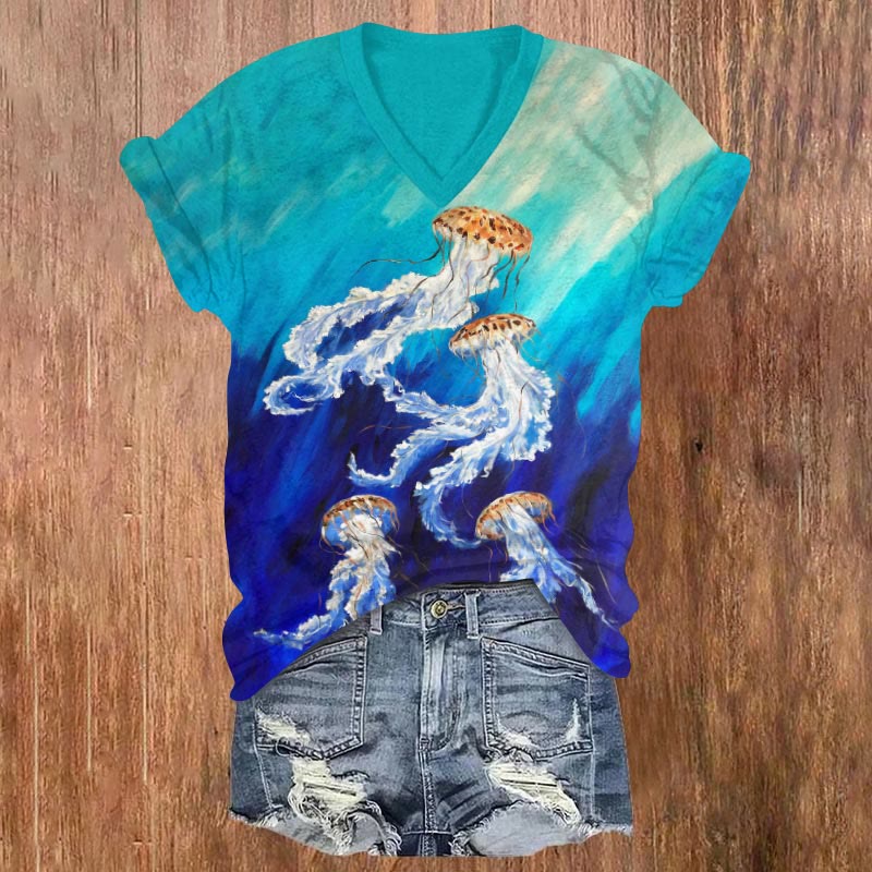 Ombre Peculiar Jellyfish Art Print V-neck T-shirt - Blue - US32-34(5XL) - image 1