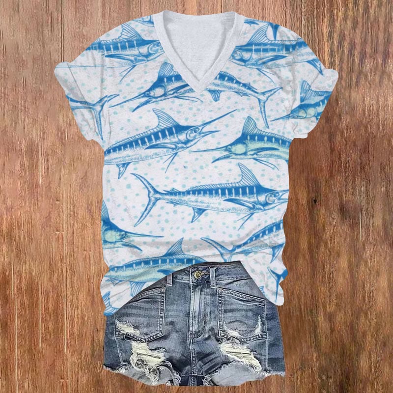 Vintage Swordfish Pattern Print V-neck T-shirt - Blue - US32-34(5XL) - image 1