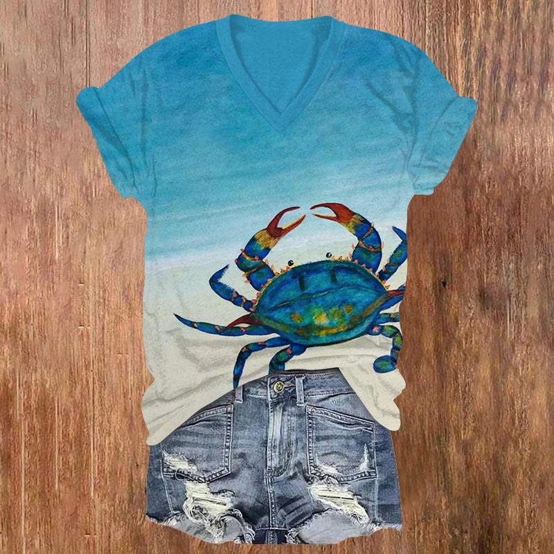Fantasy Watercolor Crab On The Beach Print V-neck T-shirt - Blue - US32-34(5XL) - image 1