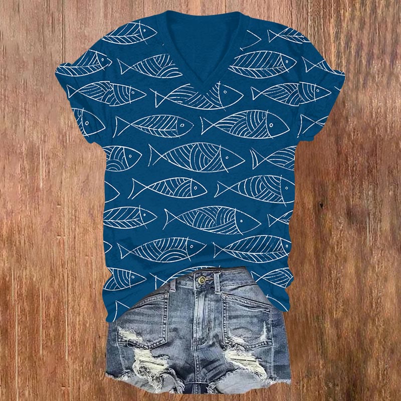 Lovely Cartoon Ocean Fish Art Print V-neck T-shirt - Blue - US32-34(5XL) - image 1