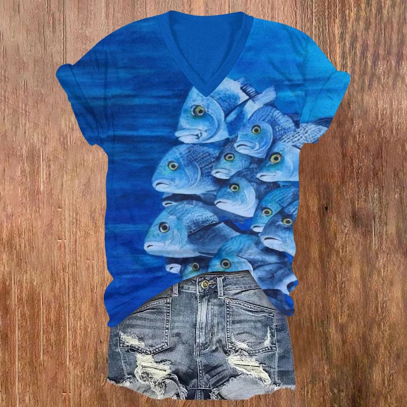 Vintage Ugly Fish School Print V-neck T-shirt - Blue - US32-34(5XL) - image 1