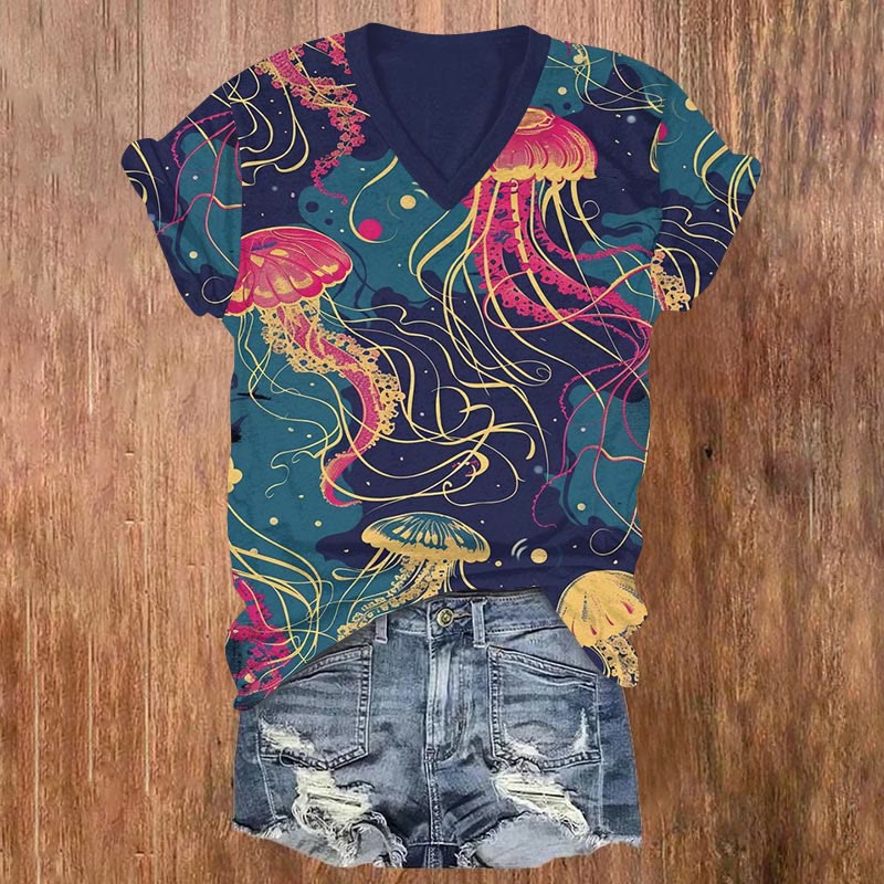 Creative Contrast Dancing Jellyfish Art Print V-neck T-shirt - Multicolor - US32-34(5XL) - image 1