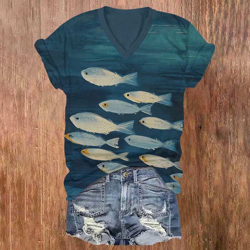 Oil Painting Abstract Fish Art Print V-neck T-shirt - Dark Green - US32-34(5XL) - image 1