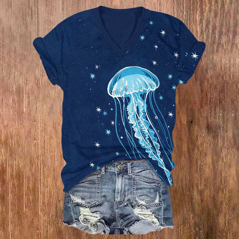 Starry Luminous Jellyfish Print V-neck T-shirt - Blue - US32-34(5XL) - image 1