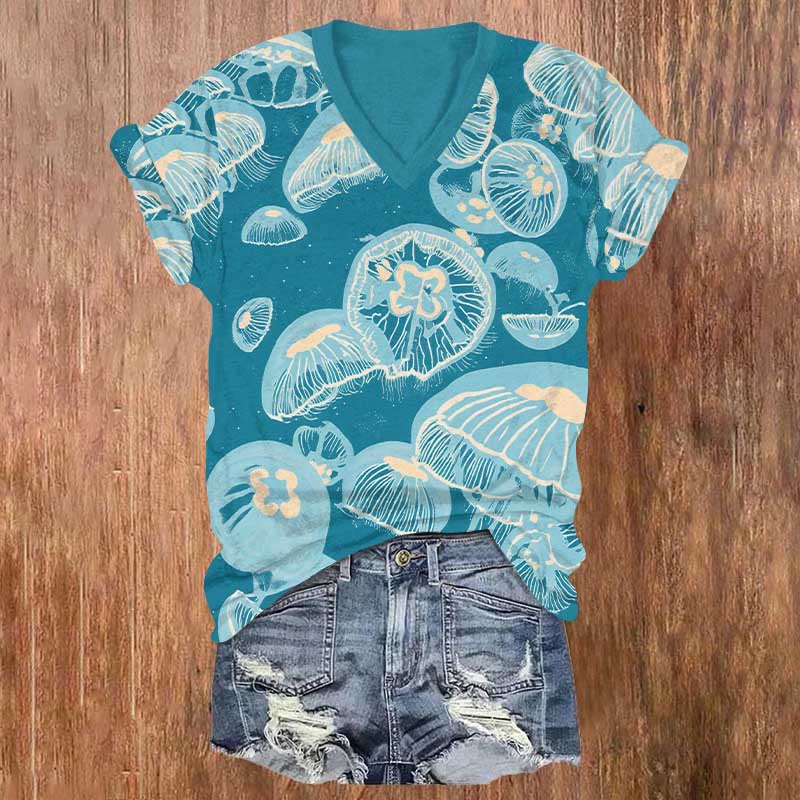 Creative Jellyfish Mushroom Cloud Art Print V-neck T-shirt - Blue - US32-34(5XL) - image 1