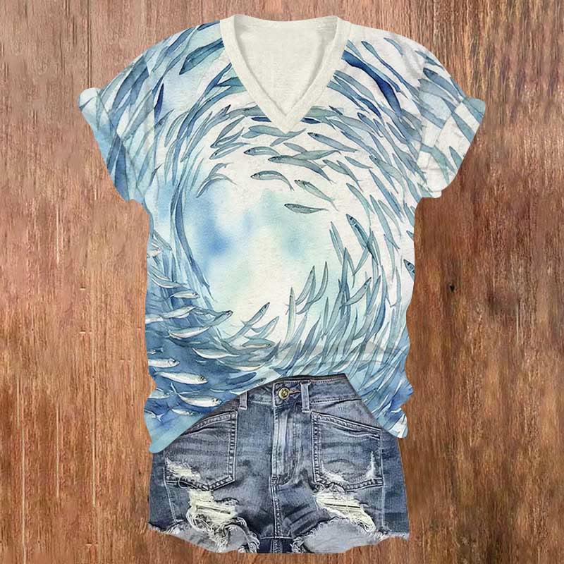 Spectacular Fish School Circle Art Print V-neck T-shirt - Blue - US32-34(5XL) - image 1