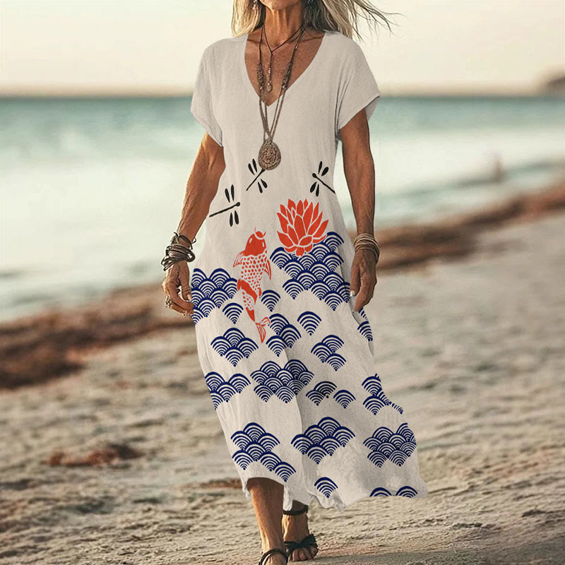 Japanese Style Koi Fish Dragonfly Wave Art Print V-neck Dress - Apricot - 6XL - image 1