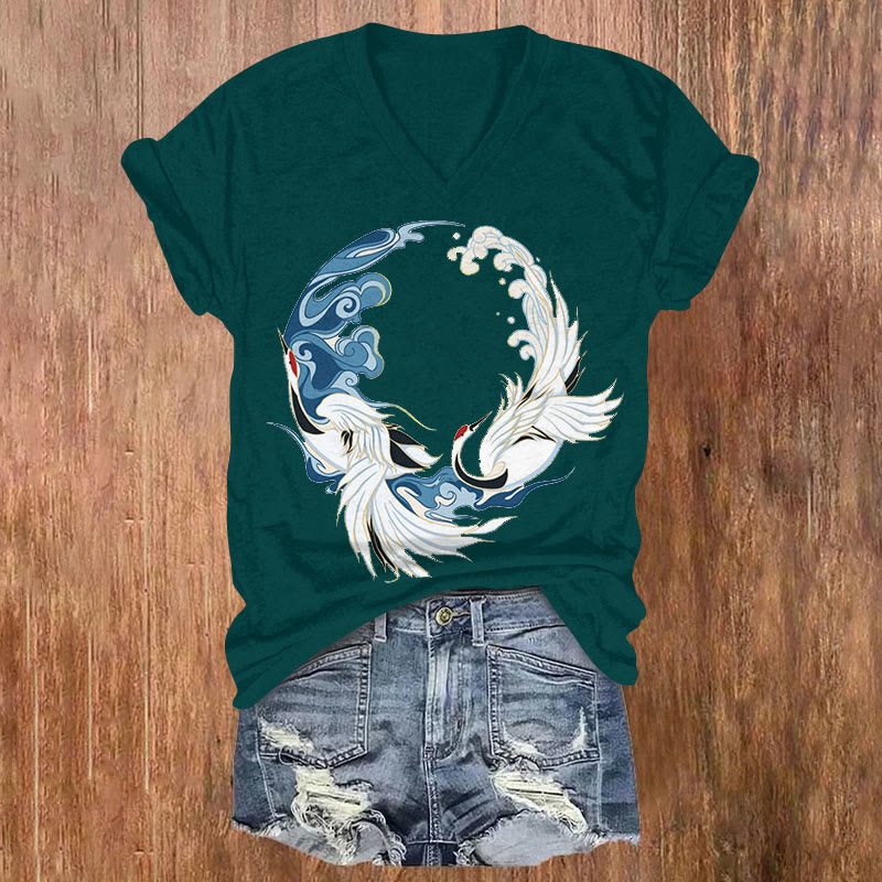 Japanese Creative White Crane Circle Art Print V-neck T-shirt - Green - US32-34(5XL) - image 1