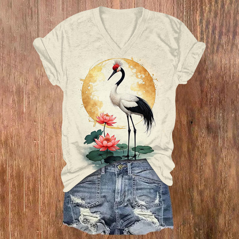 Japanese Elegant Crane On Lotus Pond Art Print V-neck T-shirt - Apricot - US32-34(5XL) - image 1