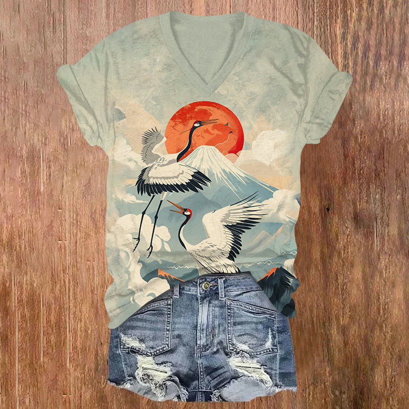 Japanese Crane Circling Over Mount Fuji Art Print V-neck T-shirt - Green - US32-34(5XL) - image 1