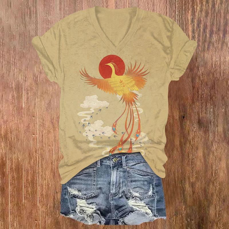 Japanese Style Elegant Phoenix Flying Under The Sun Print V-neck T-shirt - Khaki - US32-34(5XL) - image 1