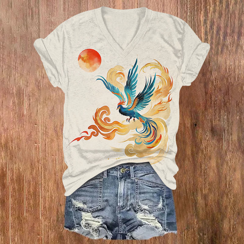 Japanese Colorful Phoenix In Flight Art Print V-neck T-shirt - Light Gray - US32-34(5XL) - image 1