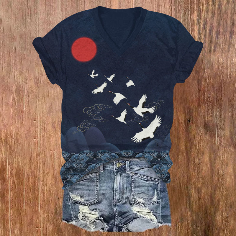 Japanese Vintage Migration Cranes Print V-neck T-shirt - Dark Blue - US32-34(5XL) - image 1