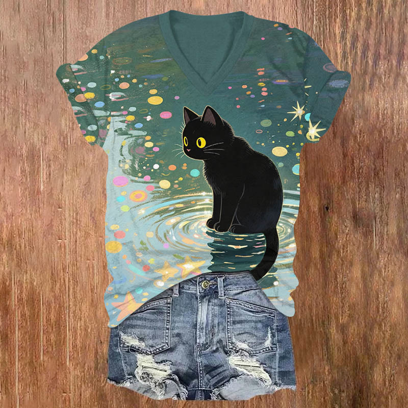 Colorful Bubble Lake Black Cat Art Print V-neck T-shirt - Green - US32-34(5XL) - image 1