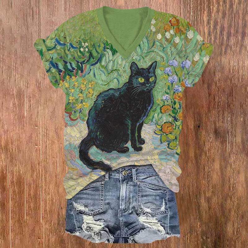 Oil Painting Flower Black Cat Art Print V-neck T-shirt - Green - US32-34(5XL) - image 1