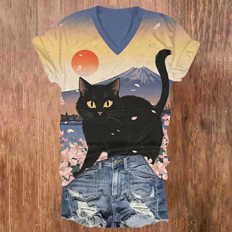 Japanese Mount Fuji Sakura Black Cat Art Print V-neck T-shirt - Multicolor - US32-34(5XL) - image 1