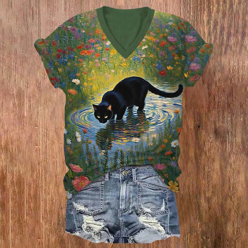 Oil Painting Colorful Flowers & Black Cat Print V-neck T-shirt - Green - US32-34(5XL) - image 1