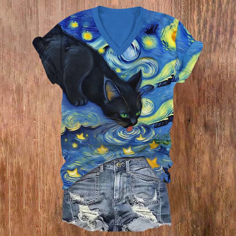 Fantasy Oil Painting Cat Drinking Water Print V-neck T-shirt - Blue - US32-34(5XL) - image 1