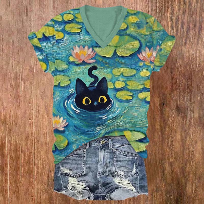 Oil Painting Cat In Lotus Pond Print V-neck T-shirt - Green - US32-34(5XL) - image 1