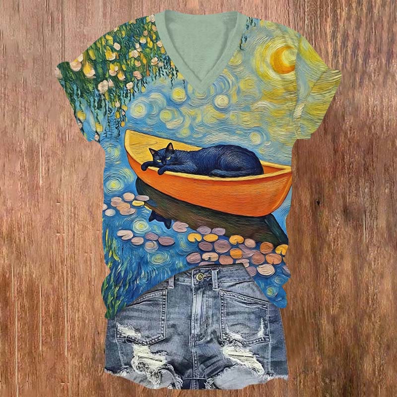 Oil Painting Cat On Little Boat Over Lotus Pond Print V-neck T-shirt - Multicolor - US32-34(5XL) - image 1