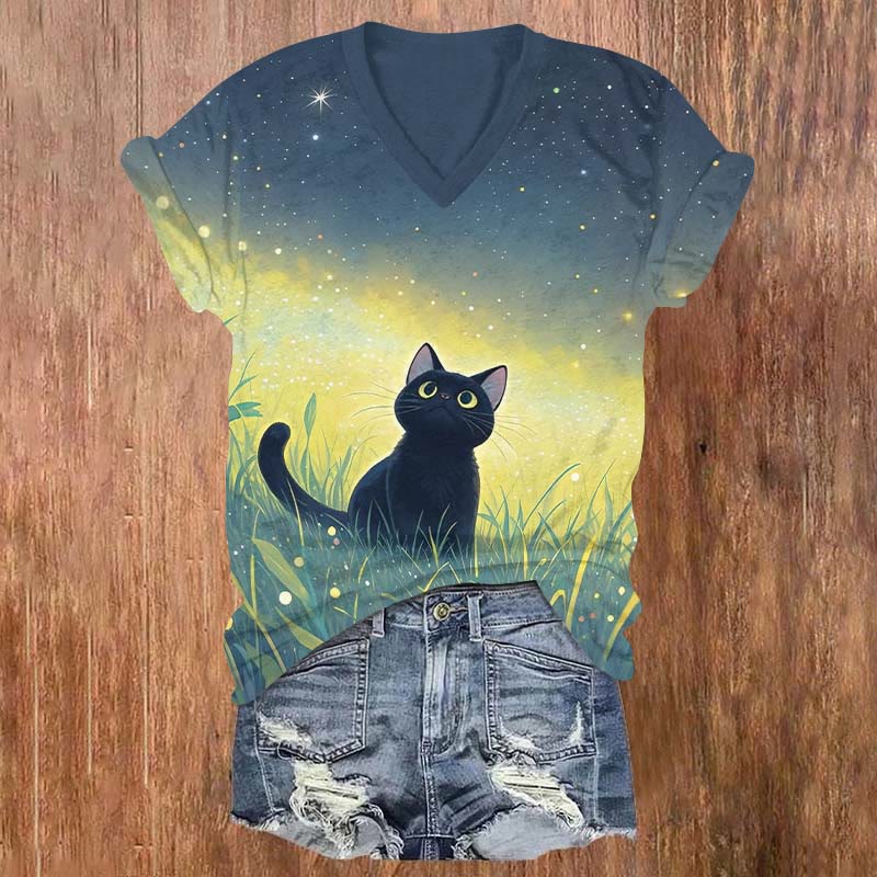 Japanese Cute Black Kitten Looking Upon Starry Sky Print V-neck T-shirt - Blue - US32-34(5XL) - image 1
